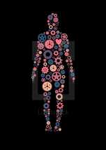 Gears or cogs of various colors in the shape of a human body.  Colors and cogs are editable in vector software.