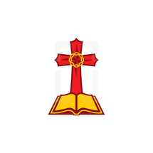 open Bible, red, yellow, crown of thorns, cross, icon