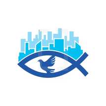 Jesus fish, dove, city, skyscrapers, eyeball, missions, vision, blue 