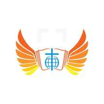 logo, wings, cross, yellow, Bible, icon, blue, globe, missions 