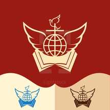 wings, dove, globe, Bible, cross, logo 