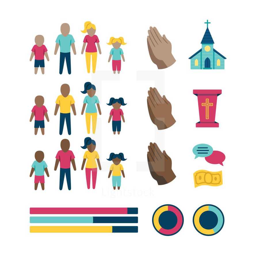 Church Infographic elements. 
praying hands, prayer, church, border, thought bubble, family, african american, latino, pulpit, money, mother, father, daughter, son