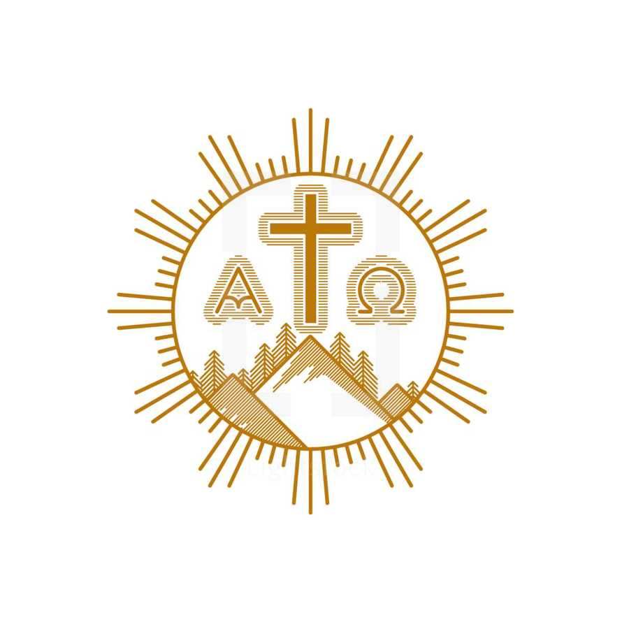 Church logo. Christian symbols. Mountains, the cross of Jesus Christ, alpha and omega.