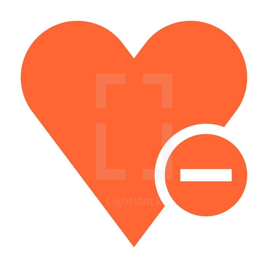 no love match sign. Red heart icon favorite sign liked button with red minus pictogram created in trendy flat style. Quick and easy recolorable shape isolated from the white background. The design graphic element saved as a vector illustration in the EPS file format for used in your design projects. 