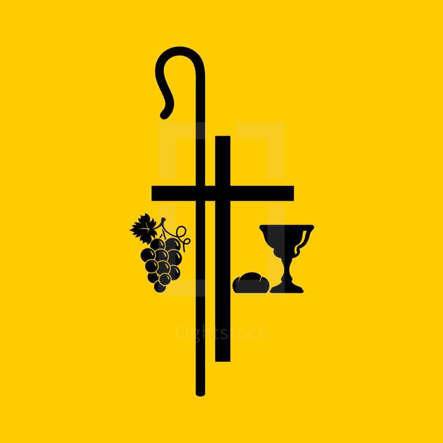 Christian symbols. Communion bowl with wine, bread and shepherd's staff.