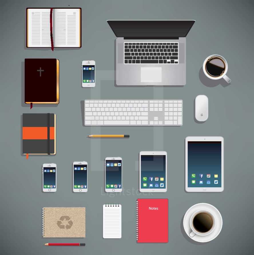 Miscellaneous office and bible study elements, including: coffee, tea, notebook, bible, computer, pencil, ipad, various iphone models.