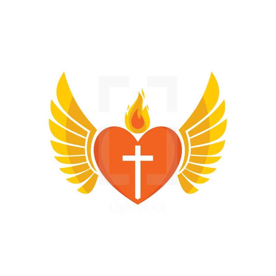 heart with wings and cross and flame 