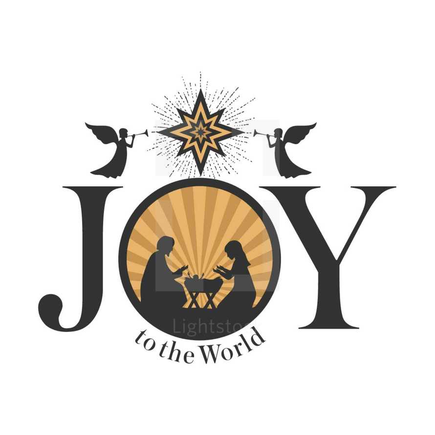 Christmas story. Bethlehem star. Joseph and Mary at the nursery of baby Jesus. Angels herald good news. Joy to the world.