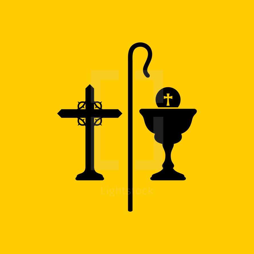 Christian symbols. The cross of Jesus, the cup of communion and the staff of the shepherd.