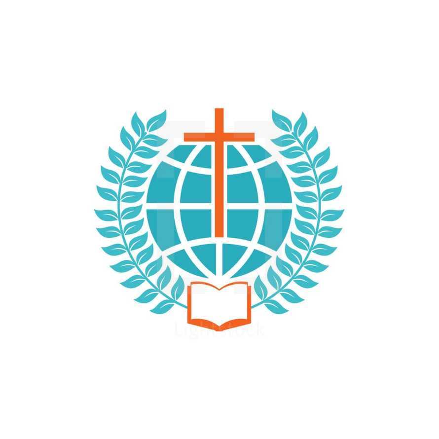olive branches, cross, Bible, globe logo