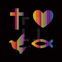 cross, dove, rainbow, pixels, Jesus fish, heart, icons