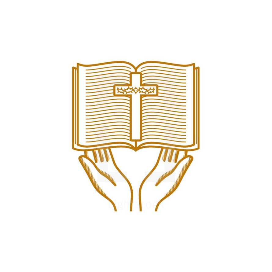 Church logo. Christian symbols. Hands hold an open bible and a cross with the crown of thorns of Jesus Christ.
