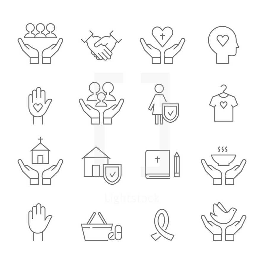 Church, Social Care and Ministry Line Icons