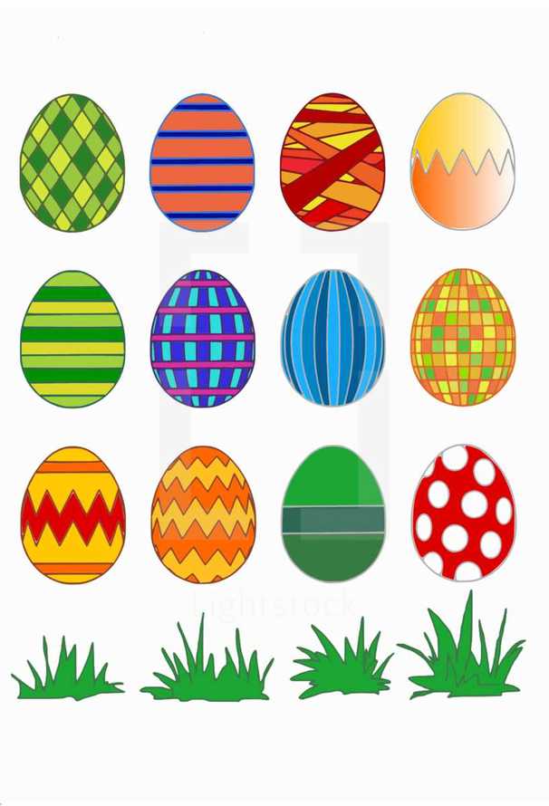 A lot of colorfully painted Easter eggs with different patterns. 
