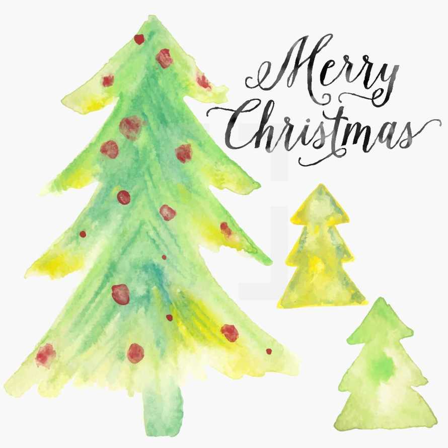 Merry Christmas lettering and water color texture Christmas trees.