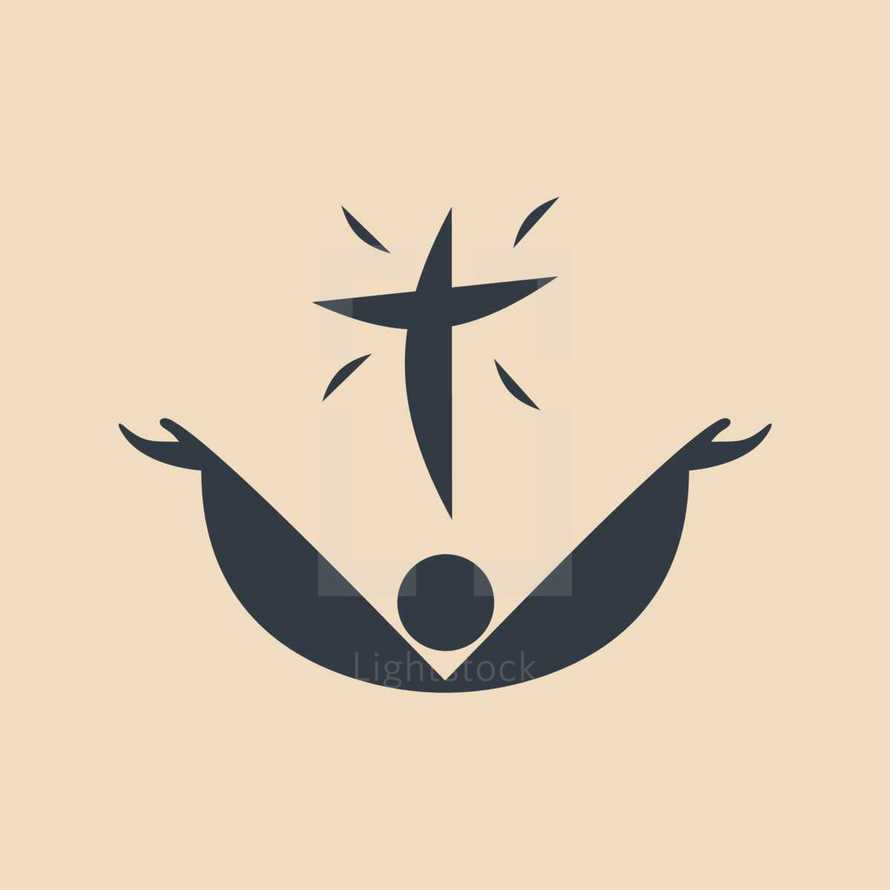 raised hands in worship and cross icon