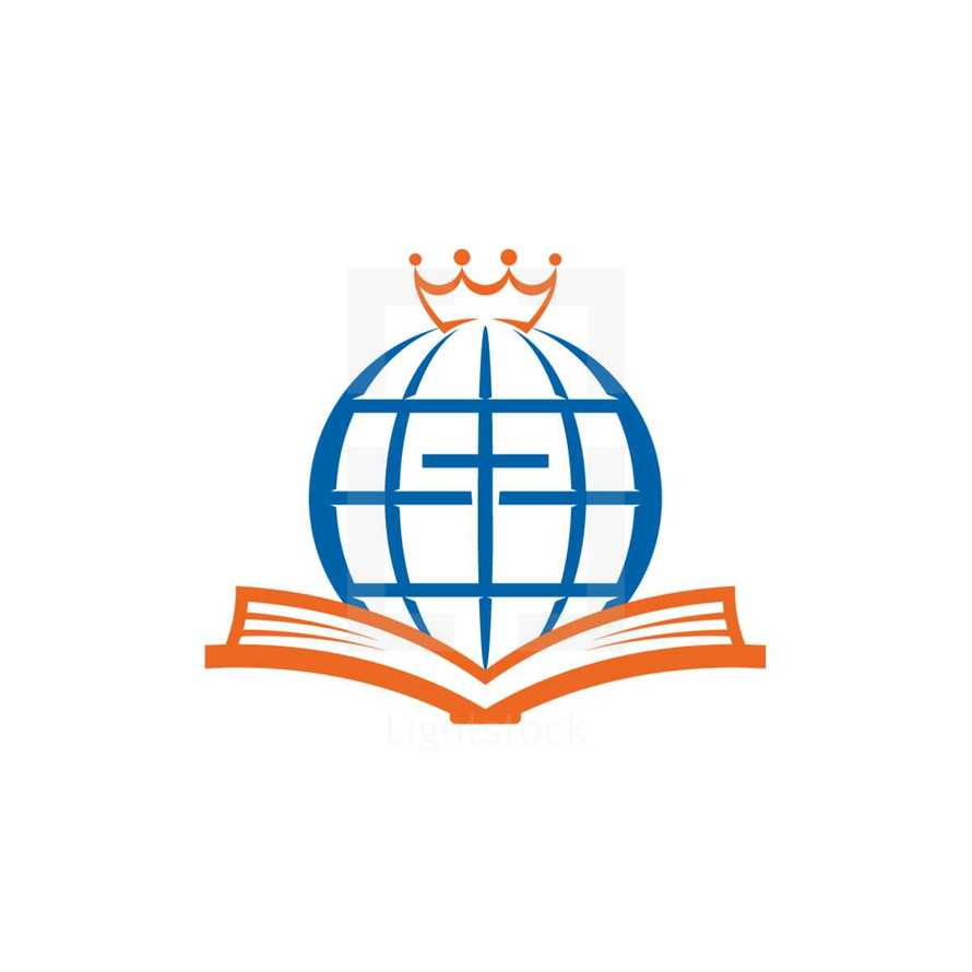 crown, globe, cross, and Bible logo 