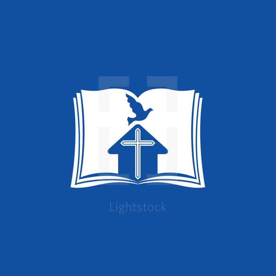 Bible pages, dove, church, cross, icon, blue 