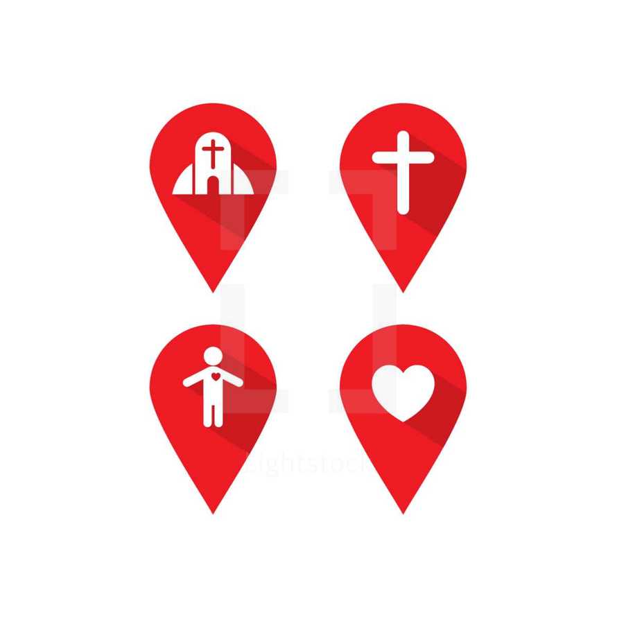 pin point, red, people, heart, cross, church 