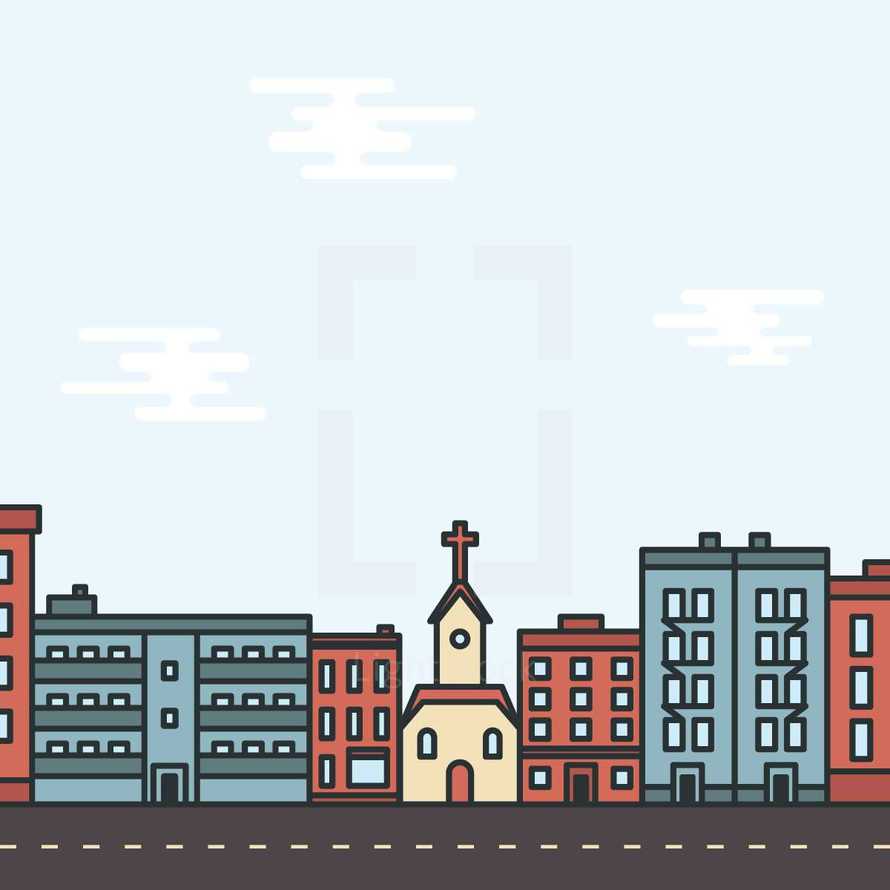illustration of a church in a city.
