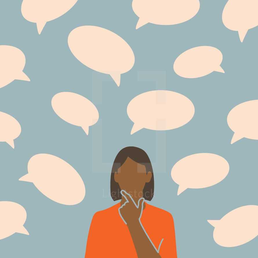 woman with multiple talk bubbles 