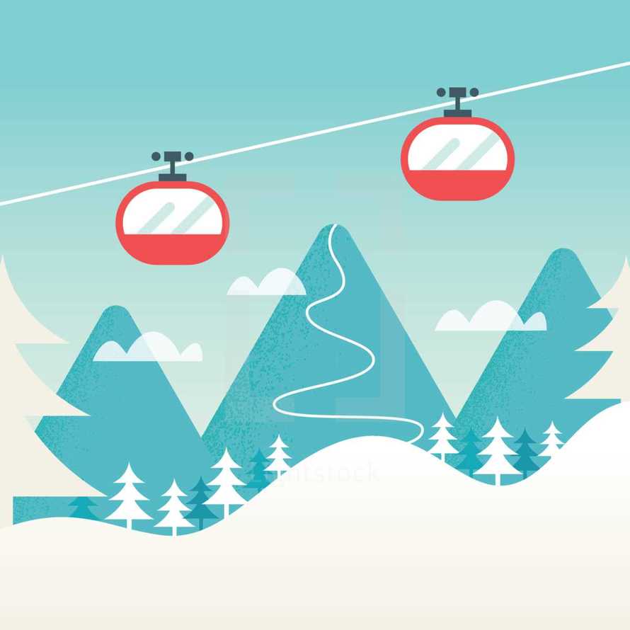Cable Cars and Snowy Mountain Landscape. Ski Winter Resort, Hills and Slopes Background.