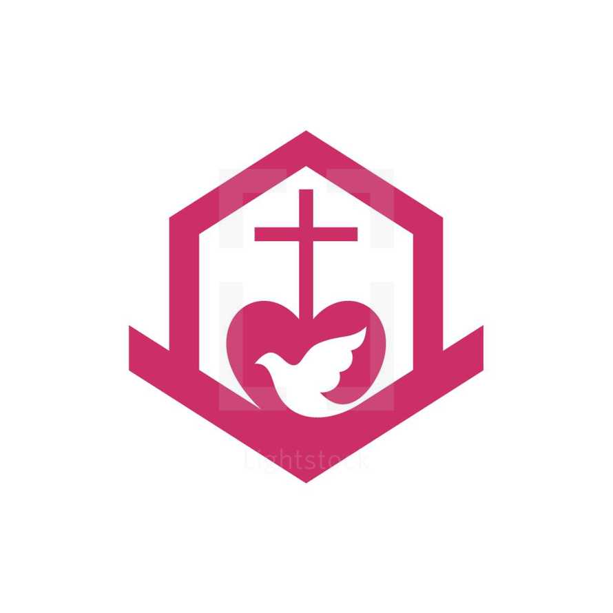 pink, cross, heart, dove, white, logo, icon
