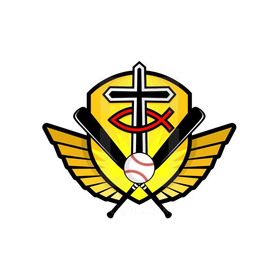 baseball and cross on a shield with wings 