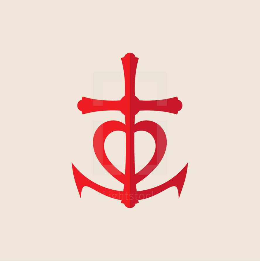 cross, anchor, heart, red, icon