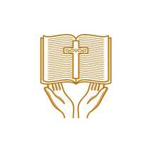 Church logo. Christian symbols. Hands hold an open bible and a cross with the crown of thorns of Jesus Christ.
