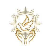 Church logo. Christian symbols. Praying hands and dove - a symbol of the Holy Spirit.	