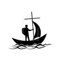 a man sailing on a boat with a cross 