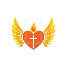 heart with wings and cross and flame 
