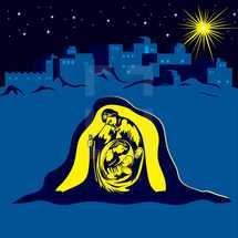 nativity, holy family, Mary, Joseph, baby Jesus, star, over, Bethlehem, star of Bethlehem, Christmas, Christmas eve, icon