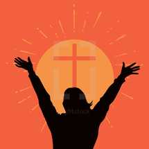 silhouette of a woman with raised hands in front of a cross 