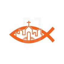 church in a city and Jesus fish 