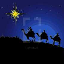 Biblical illustration. The wise men go to Bethlehem to worship the born baby Christ.