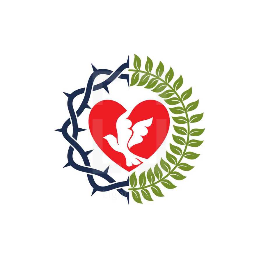 crown of thorns, olive branch, heart, dove logo 