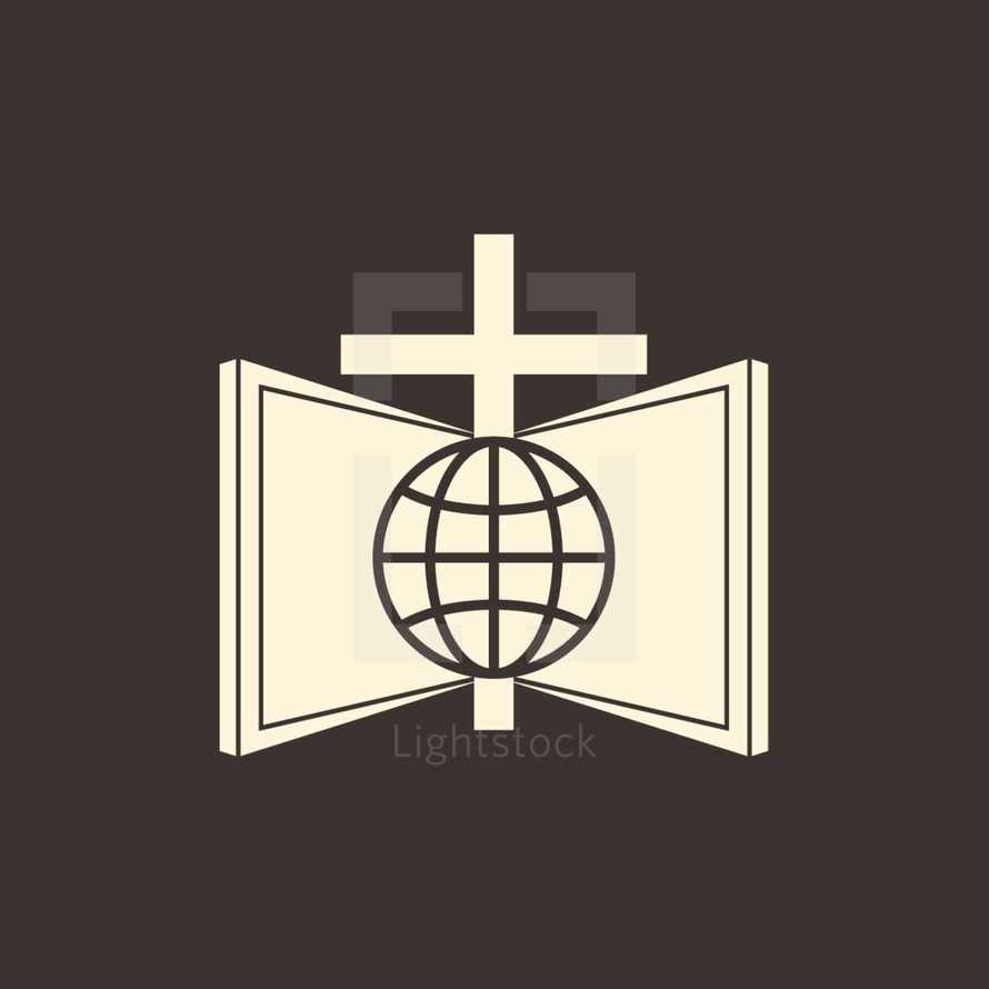 missions, brown, globe, Bible, cross, icon