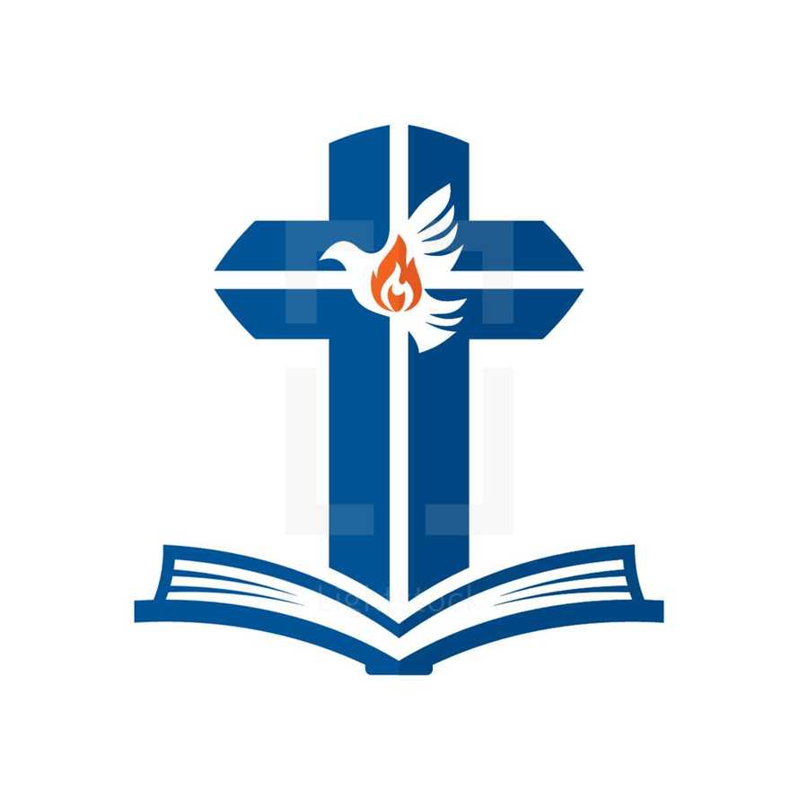 cross, dove, tongue of fire, and open Bible logo