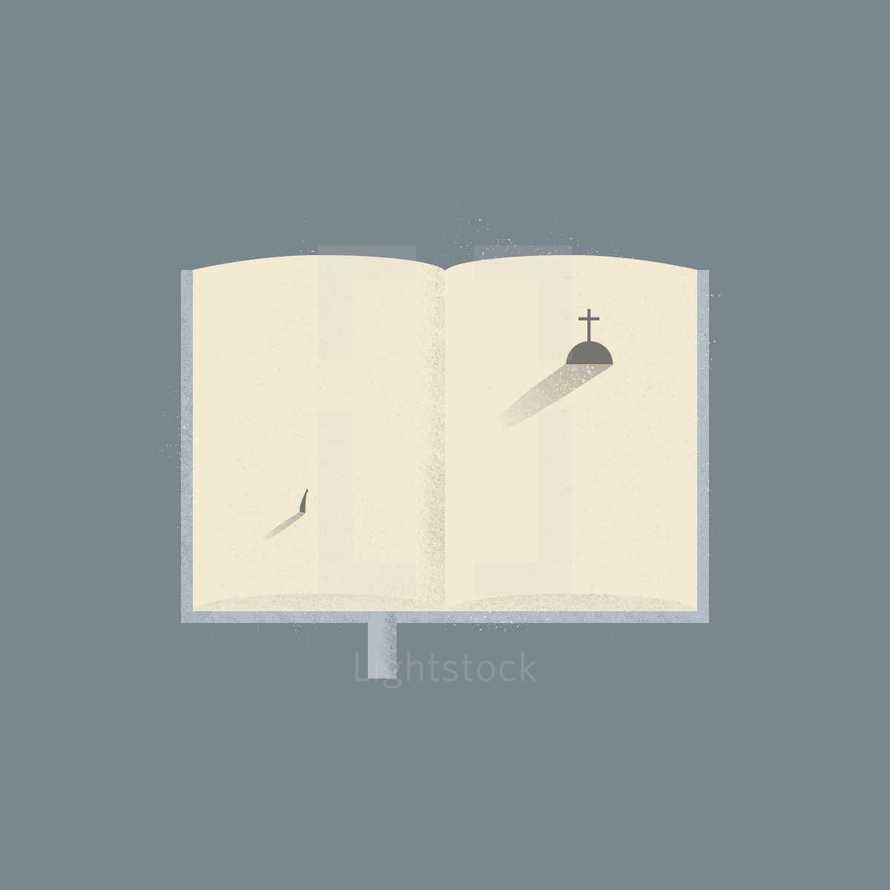conceptual illustration of man looking at cross on the pages of a Bible. 