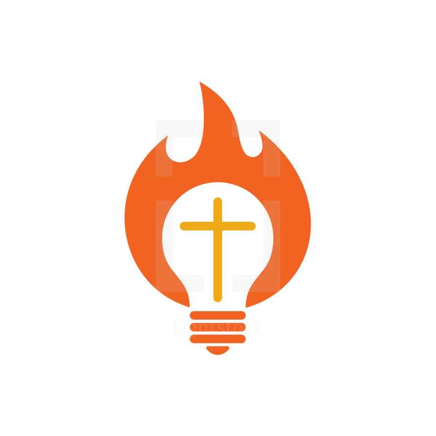 flame, cross, and lightbulb 