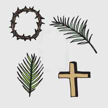 Palm frond, Palm Sunday, Good Friday, crown of thorns, cross, icon, symbols