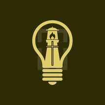 lighthouse, cross, and light bulb logo 