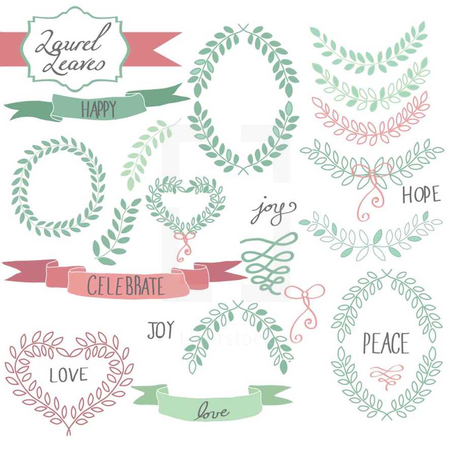 laurel leaves, leaves, love, script, framing, joy, peace, twigs, sprigs, spring, celebrate, hope, happy, wreath, banner