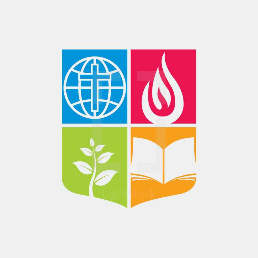 globe, flame, sprout, missons, Bible, icon, badge