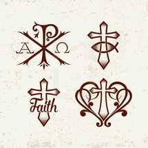 cross, faith, alpha, omega, icons, faith, words, lettering, scrolls, Jesus fish, Christianity
