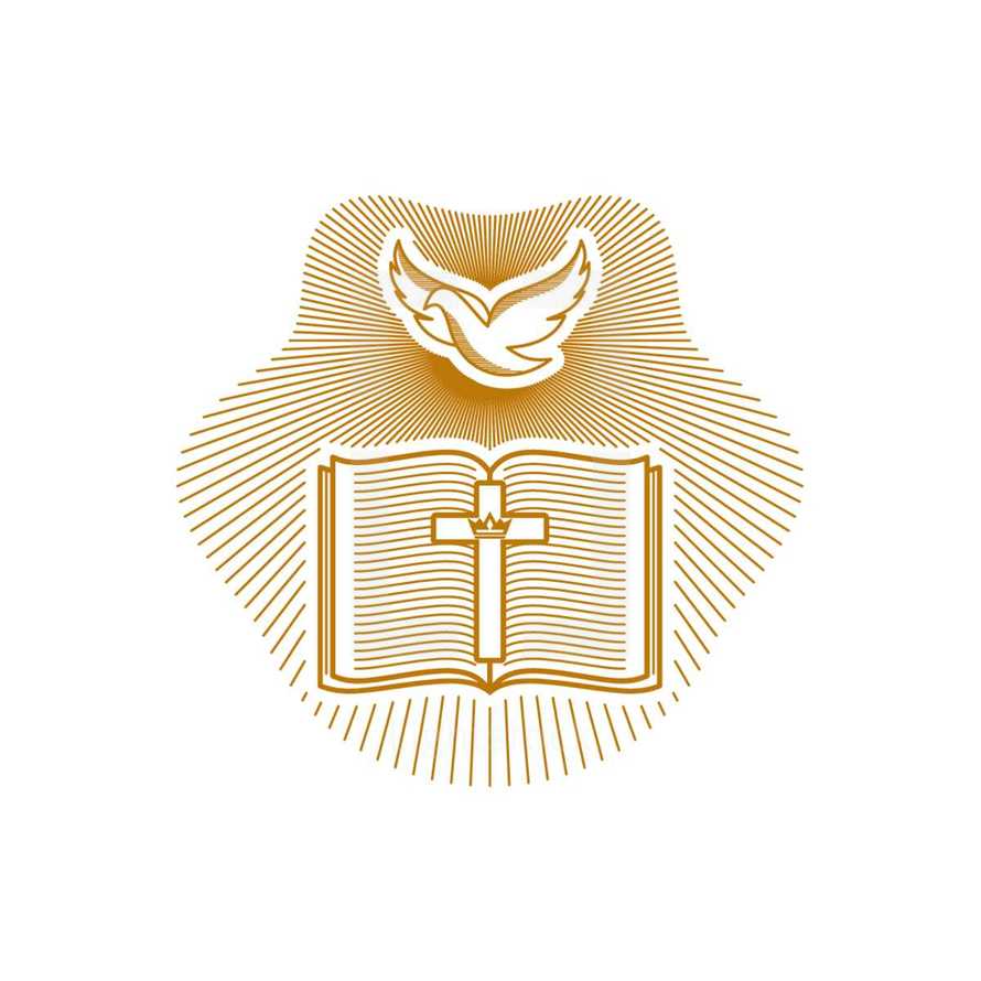 Church logo. Christian symbols. Dove, open bible and cross of Jesus Christ.