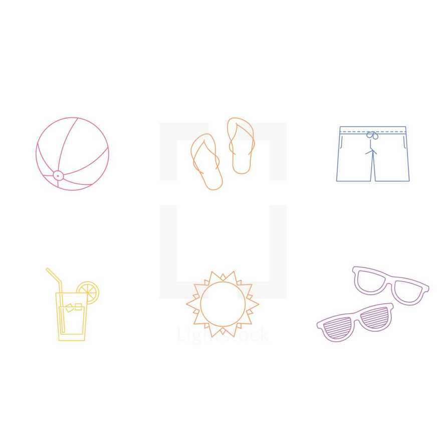 beach ball, summer, pitcher, lemonade, sunshine, sun, sunglasses, shades, shorts, flip flops, icon, icon set 