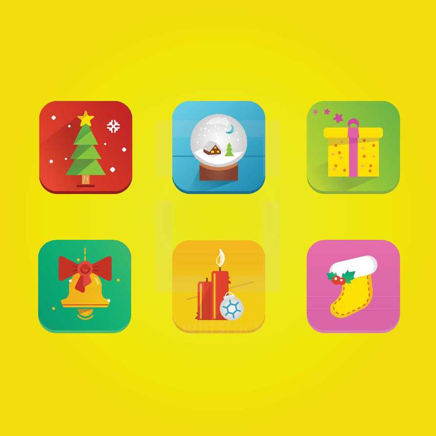 Christmas icons, icon, Christmas, snow globes, bell, bow, candles, snowflake, winter, stocking, Christmas tree, wrapped gift, gift, present, stars